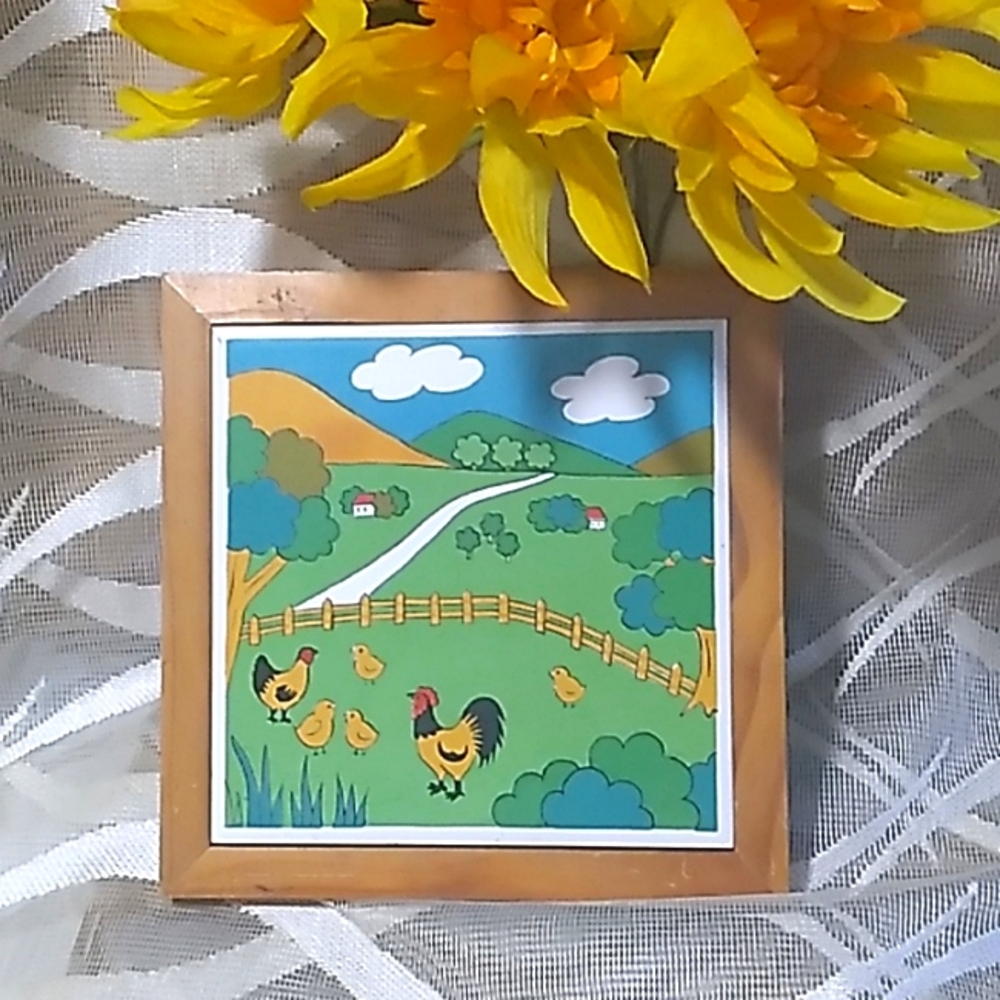 Yellow Rooster Farm Decorative Ceramic Tile with Wooden Frame